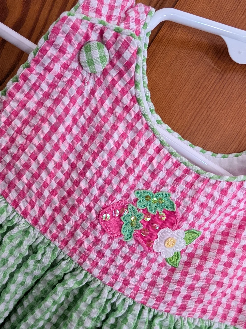 Pink and Green Gingham Appliqué Sleeveless Kids Dress